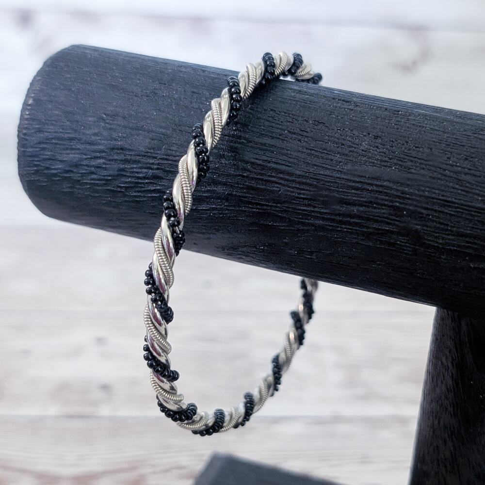 Vintage Bracelet Silver Tone & Black Twist Design 9" Statement